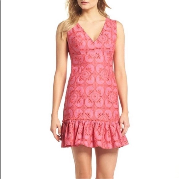 TRINA Turk Carpenteria Floral Lace Ruffle Hem Mini Dress in Peony | Size 8 - Picture 2 of 16